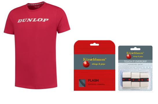 RAJ Junior Team Paket 1 Dunlop T-Shirt dark red, Kirschbaum Saite Touch Multifibre 1.30, Griffband Kirschbaum Touch It weiß