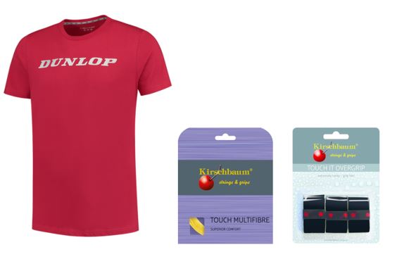 RAJ Junior Team Paket 1 Dunlop T-Shirt dark red, Kirschbaum Saite Touch Multifibre 1.30, Griffband Kirschbaum Touch It schwarz