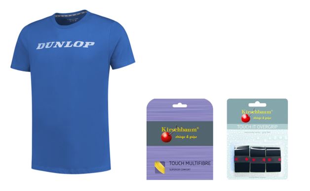 RAJ Junior Team Paket 1 Dunlop T-Shirt blau, Kirschbaum Saite Touch Multifibre 1.30, Griffband Kirschbaum Touch It schwarz