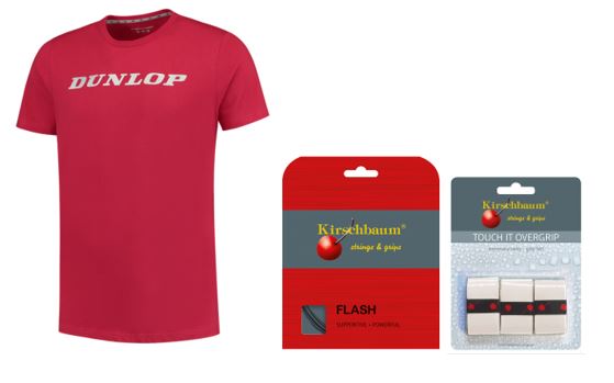 RAJ Junior Team Paket 2 Dunlop T-Shirt dark red, Kirschbaum Saite Flash 1.25, Griffband Kirschbaum Touch It weiß