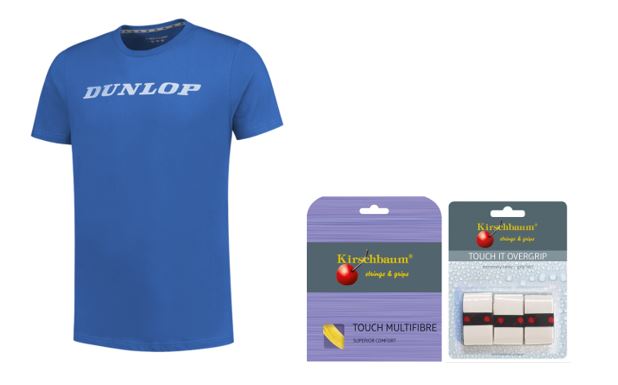 RAJ Junior Team Paket 1 Dunlop T-Shirt blau, Kirschbaum Saite Touch Multifibre 1.30, Griffband Kirschbaum Touch It weiß