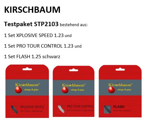 KIRSCHBAUM Saiten Testpaket STP2103: 1 Set Xplosive Speed 1.23 + 1 Set  Pro Tour Control 1.23 + 1 Set Flash 1.25 schwarz