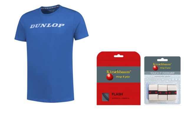 RAJ Junior Team Paket 2 Dunlop T-Shirt blau, Kirschbaum Saite Flash 1.25, Griffband Kirschbaum Touch It weiß