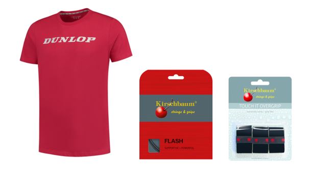 RAJ Junior Team Paket 1 Dunlop T-Shirt dark red, Kirschbaum Saite Flash 1.25, Griffband Kirschbaum Touch It schwarz